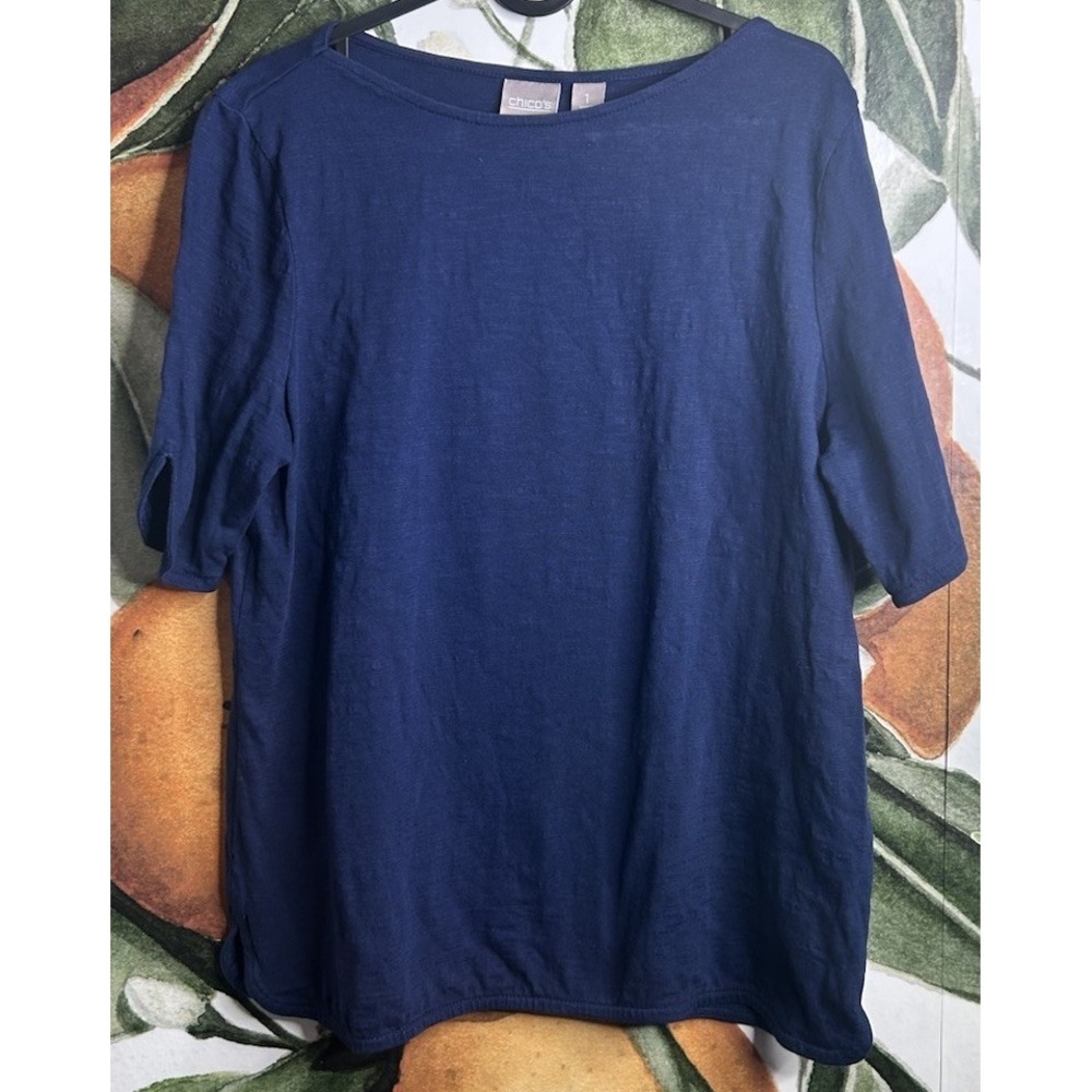Chico's Size 1 US Medium Blue Boatneck Top Elbow Sleeve Cotton Shirt Womens‎